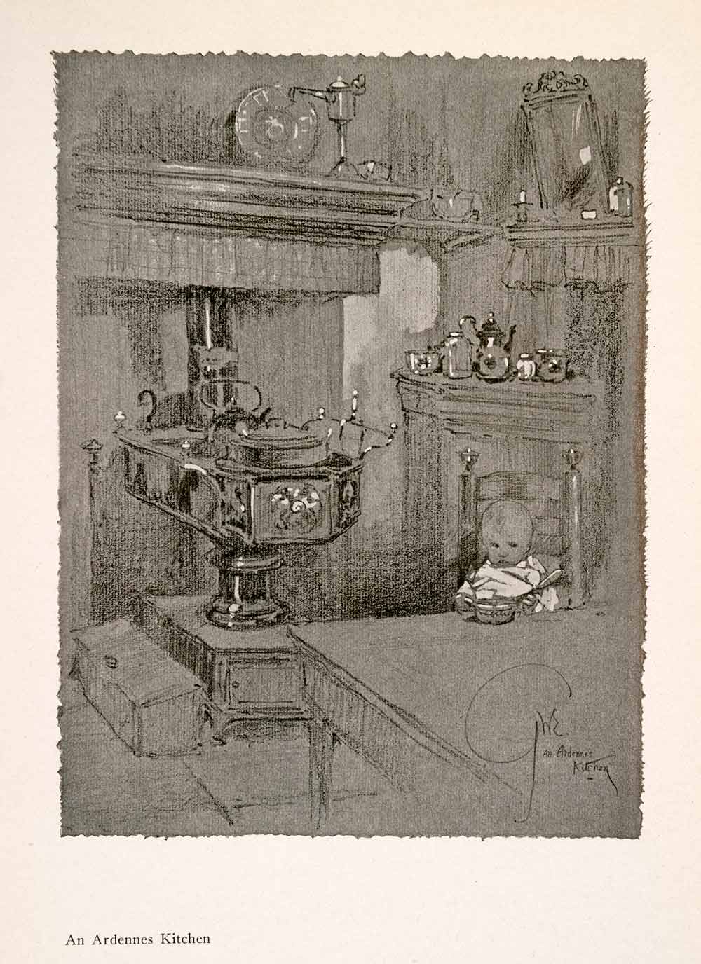 1914 Halftone Print Ardenne Kitchen Interior Baby Eat George Wharton XGRA9