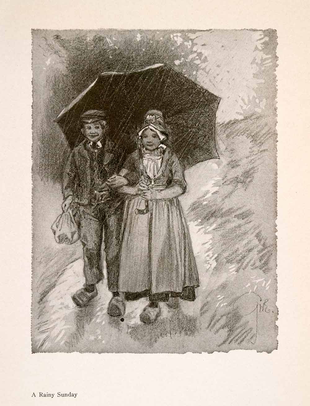 1914 Halftone Print Rainy Sunday Umbrella Belgium Clog Walk George Edwards XGRA9