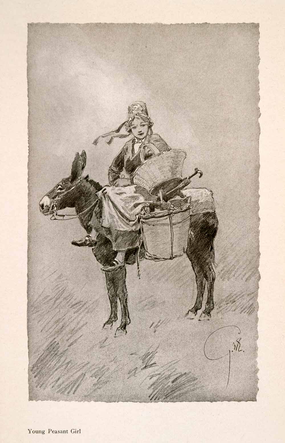 1914 Halftone Print Peasant Girl Wicker Basket Donkey Belgium George XGRA9