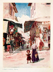1921 Color Print Athens Greece Bazaar Streetscape Cityscape Edward Fitchew XGRB4
