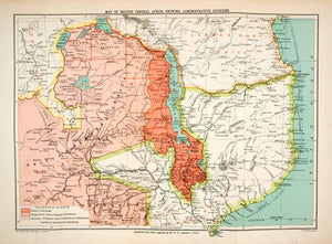 1898 Lithograph Map British Central Africa Administrative Divisions XGRB6