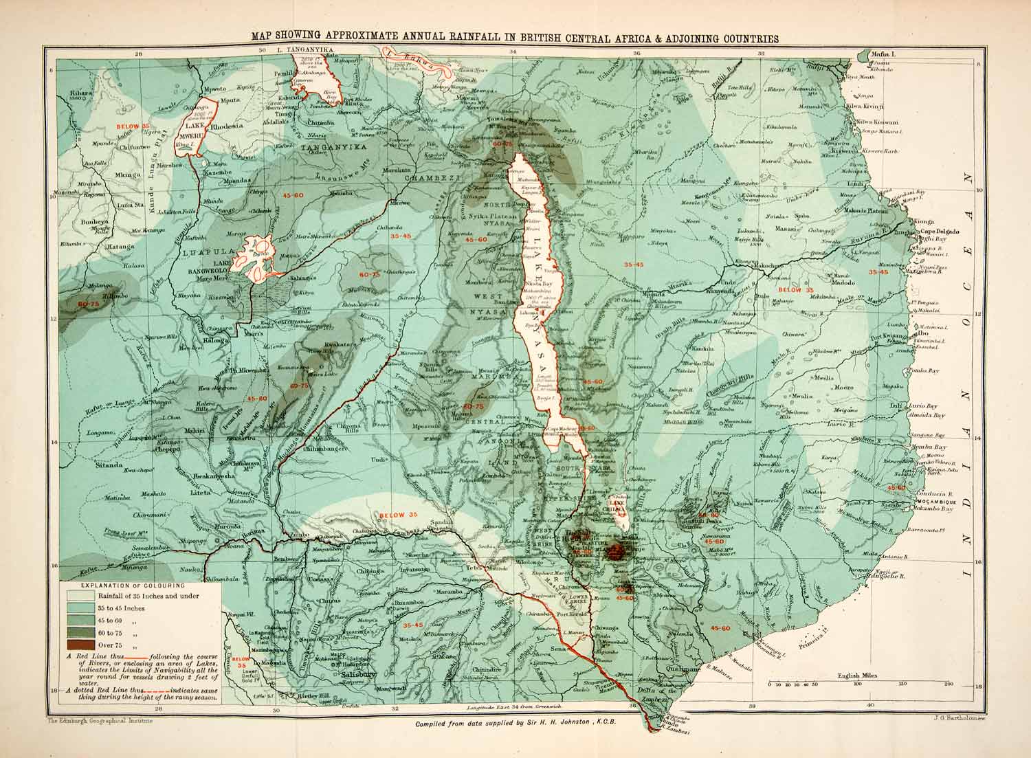 1898 Lithograph Map Annual Rainfall British Central Africa Adjoining XGRB6