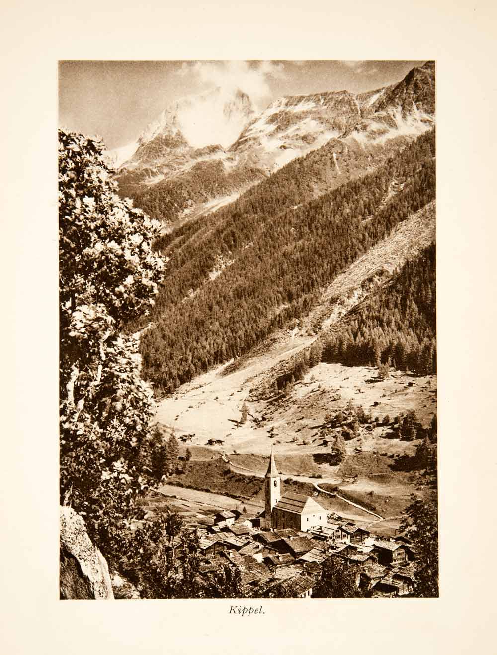 1929 Photogravure Kippel Valais Switzerland Valley Church Mountain Alps XGRB8