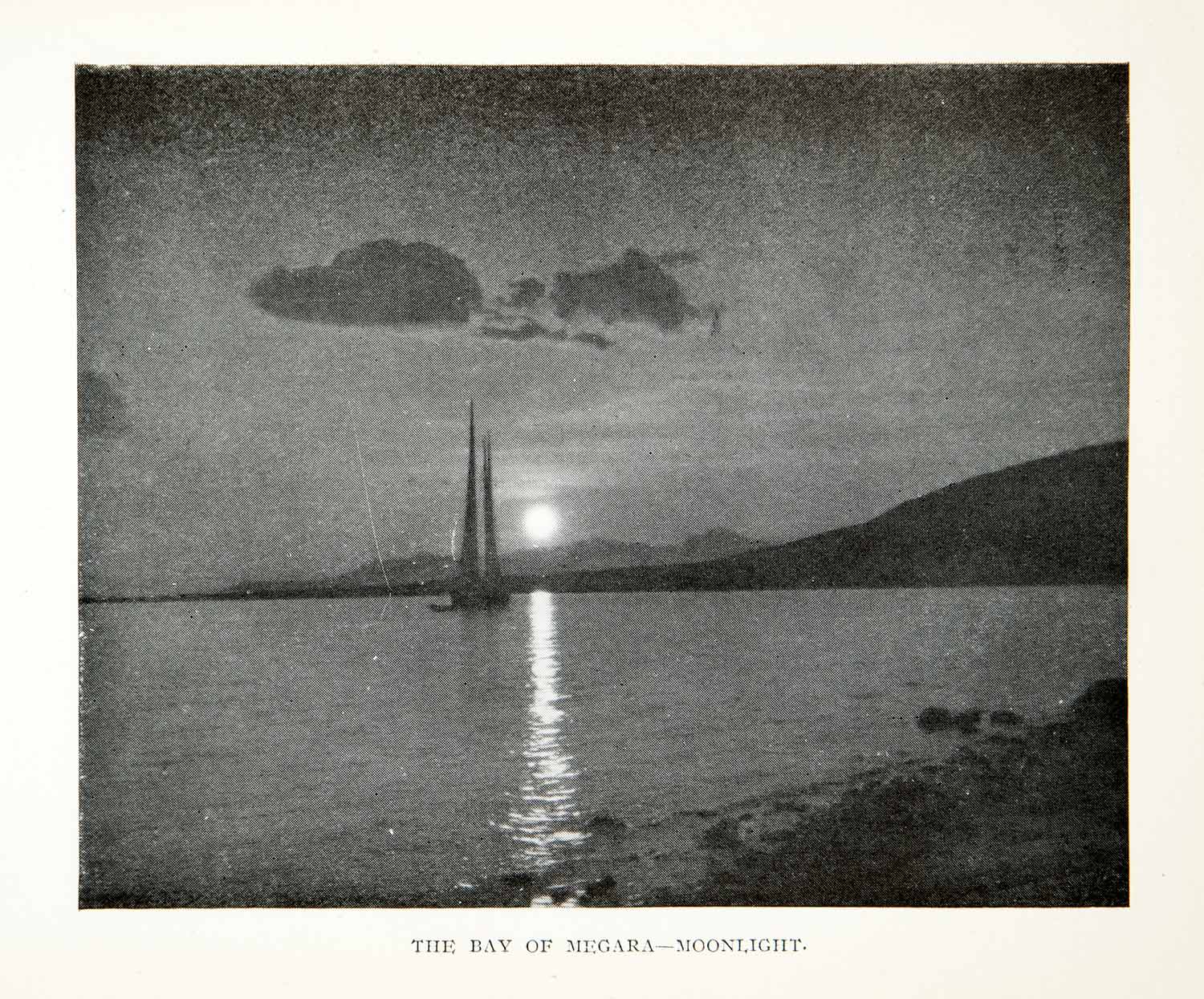 1928 Print Moonlight Sailboat Bay Eleusis Megara Greece Isthmus Corinth XGRB9