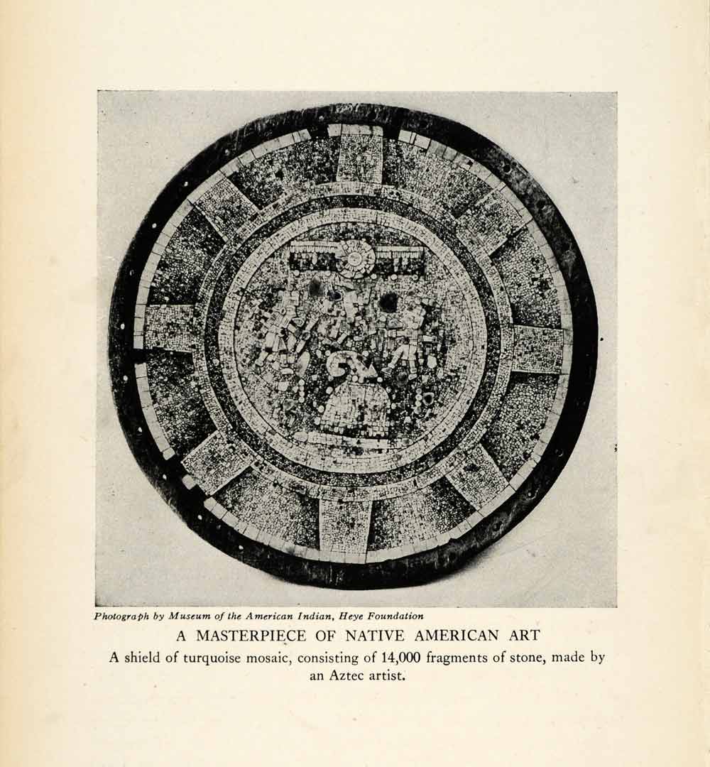 1929 Halftone Print Native American Art Shield Turquoise Mosaic Stone Aztec XGS1