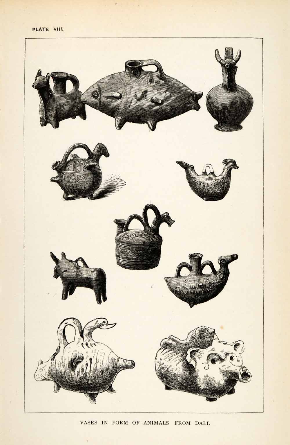 1878 Wood Engraving Vase Animal Forms Dali Cyprus Artifact Archaeology XGS3