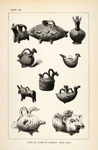 1878 Wood Engraving Vase Animal Forms Dali Cyprus Artifact Archaeology XGS3