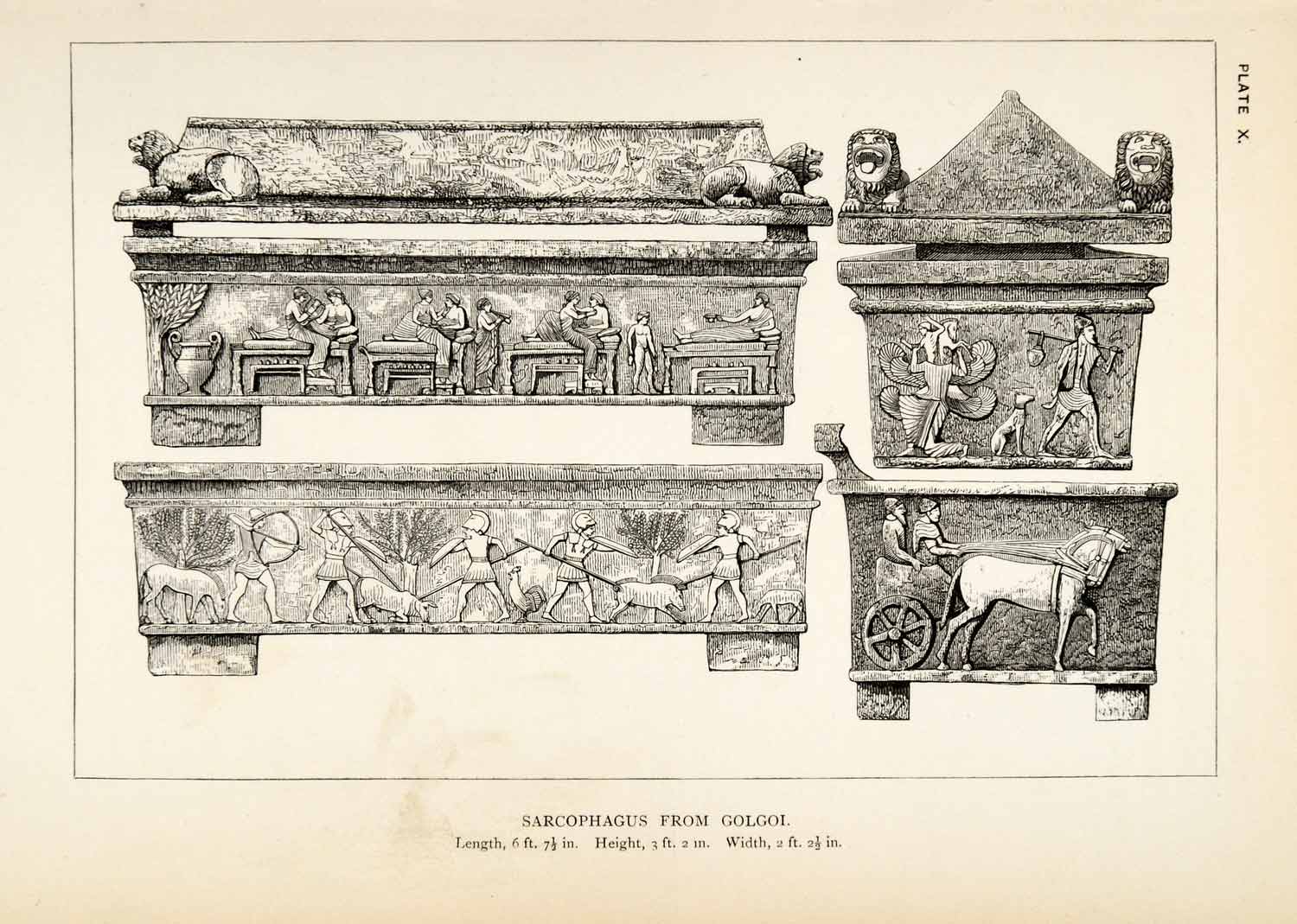 1878 Wood Engraving Sarcophagus Golgoi Cyprus Coffin Bas-Relief Hunting XGS3
