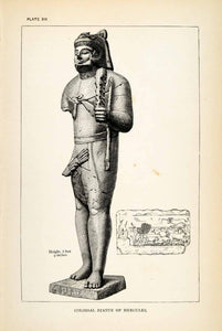 1878 Wood Engraving Statue Hercules Cyprus Greek Myth Hero Warrior Champion XGS3