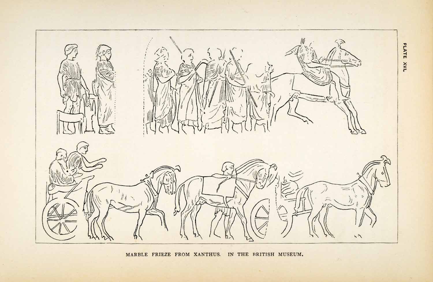 1878 Wood Engraving Cyprus Frieze Xanthus Archaeology Chariot Bas-Relief XGS3
