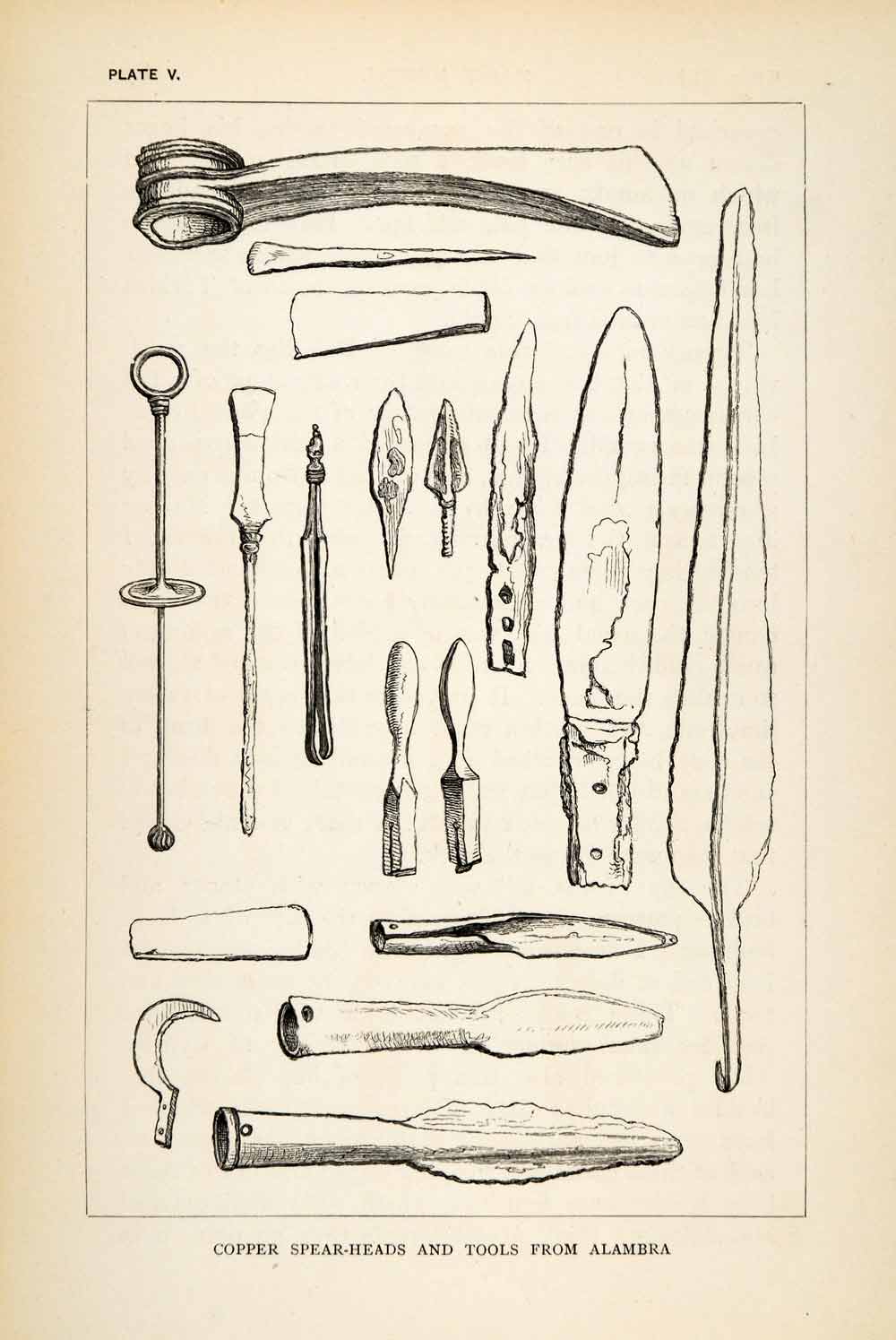1878 Wood Engraving Cyprus Alambra Spearhead Tools Weapon Artifact XGS3