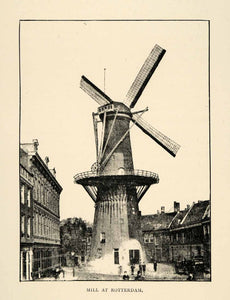1886 Print Rotterdam City Seaport Windmill Mill Canal Netherlands Cityscape XGS5