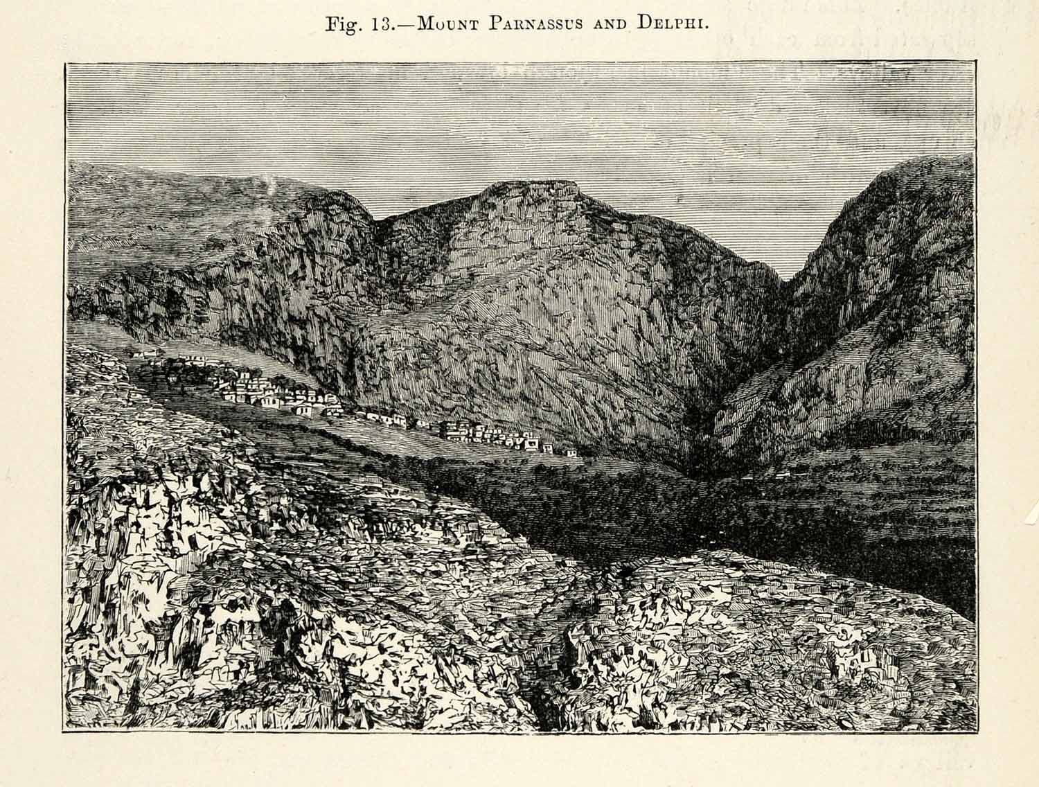 1882 Wood Engraving Mountain Parnassus Delphi Valley Hillside Landscape XGS6
