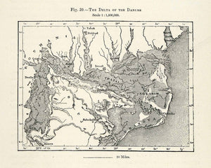 1882 Relief Line-block Map Delta Danube Europe Dobbuja Roumania Dranova XGS6
