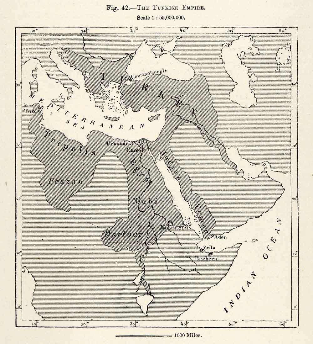 1882 Relief Line-block Map Turkish Empire Turkey Indian Ocean Mediterranean XGS6
