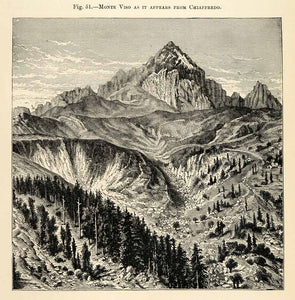 1882 Wood Engraving Mone Viso Chiaffredo Cottian Alps Italy Mountain Valley XGS6