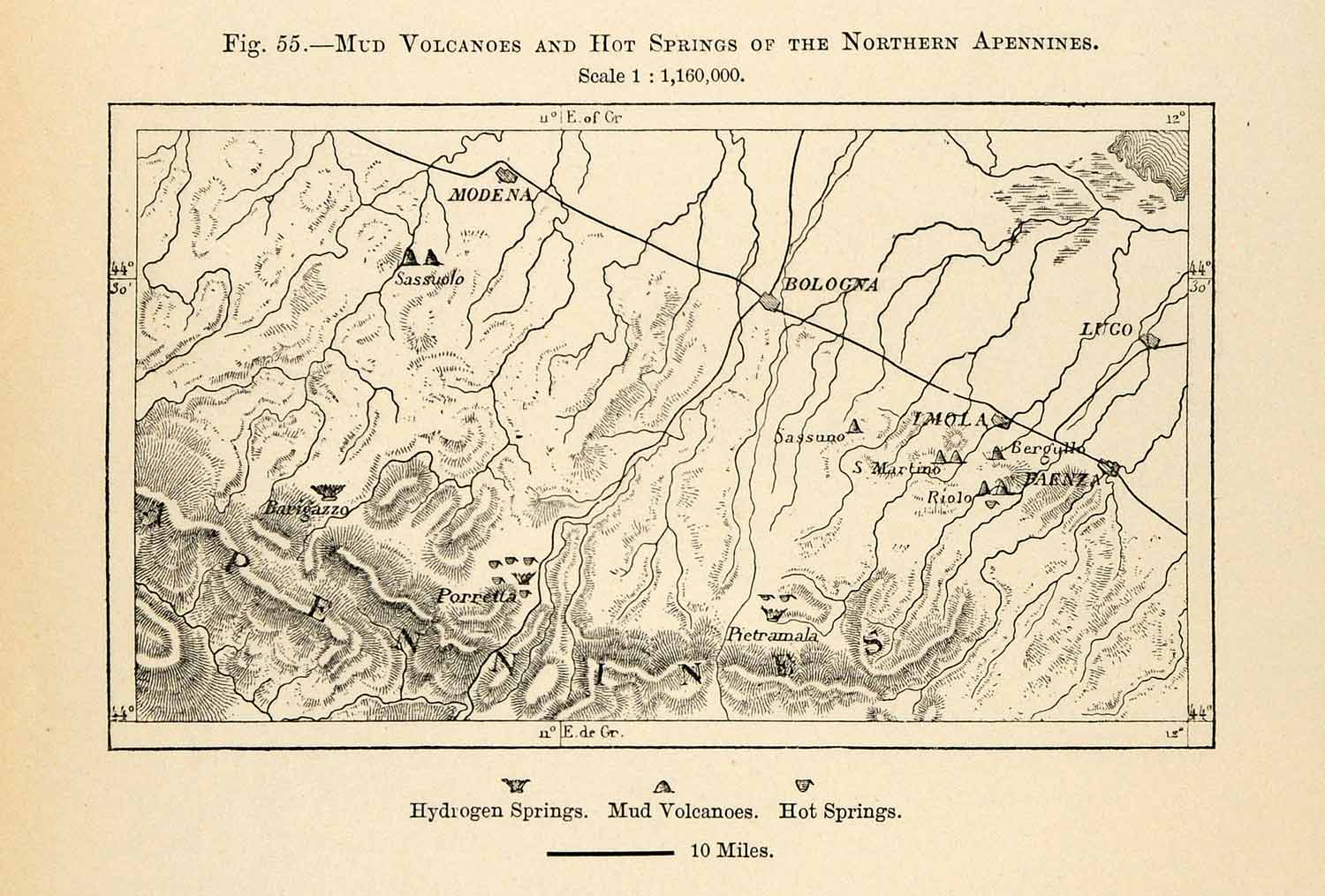 1882 Relief Line-block Map Volcanoes Hot Springs Apennines Italy Apennines XGS6