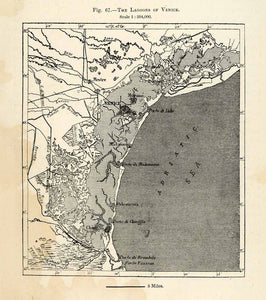 1882 Relief Line-block Map Adriatic Sea Lagoon Venice Chioggia Mestre XGS6