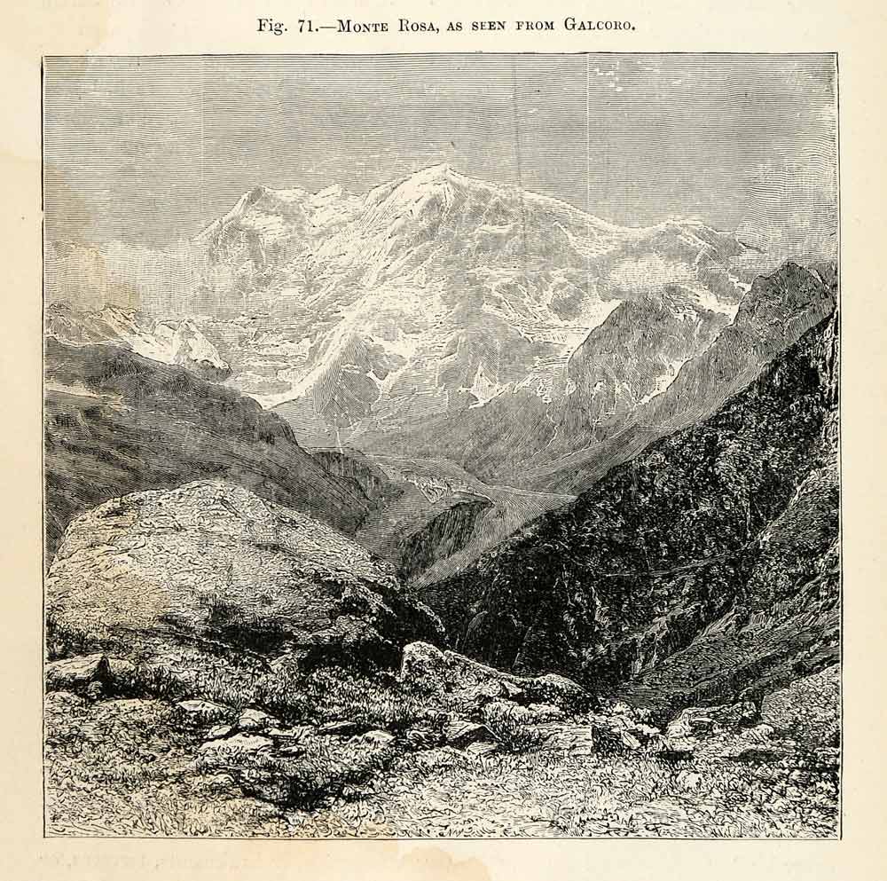 1882 Wood Engraving Monte Rosa Galcoro Switzerland Alps Western Europe XGS6
