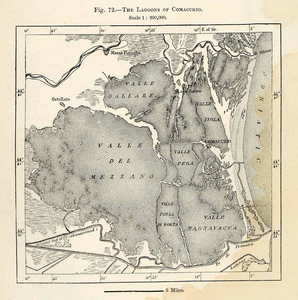 1882 Relief Line-block Map Lagoons Comacchio Valle Del Mezzano Gallare XGS6