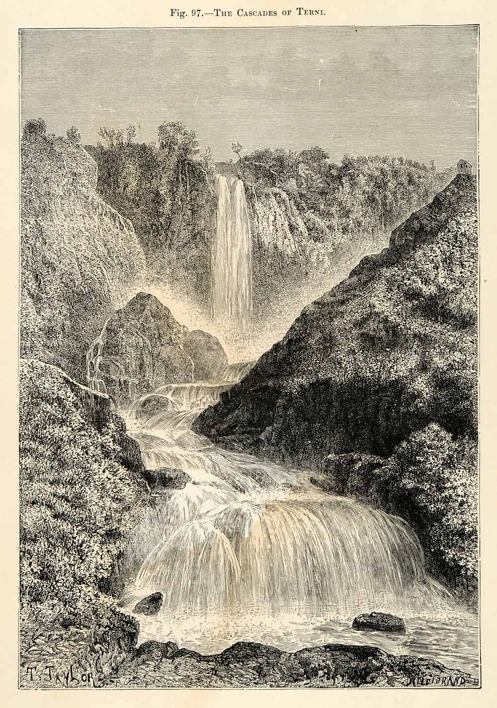 1882 Wood Engraving Cascades Terni Umbria Italy Nera River Waterfall Bluff XGS6