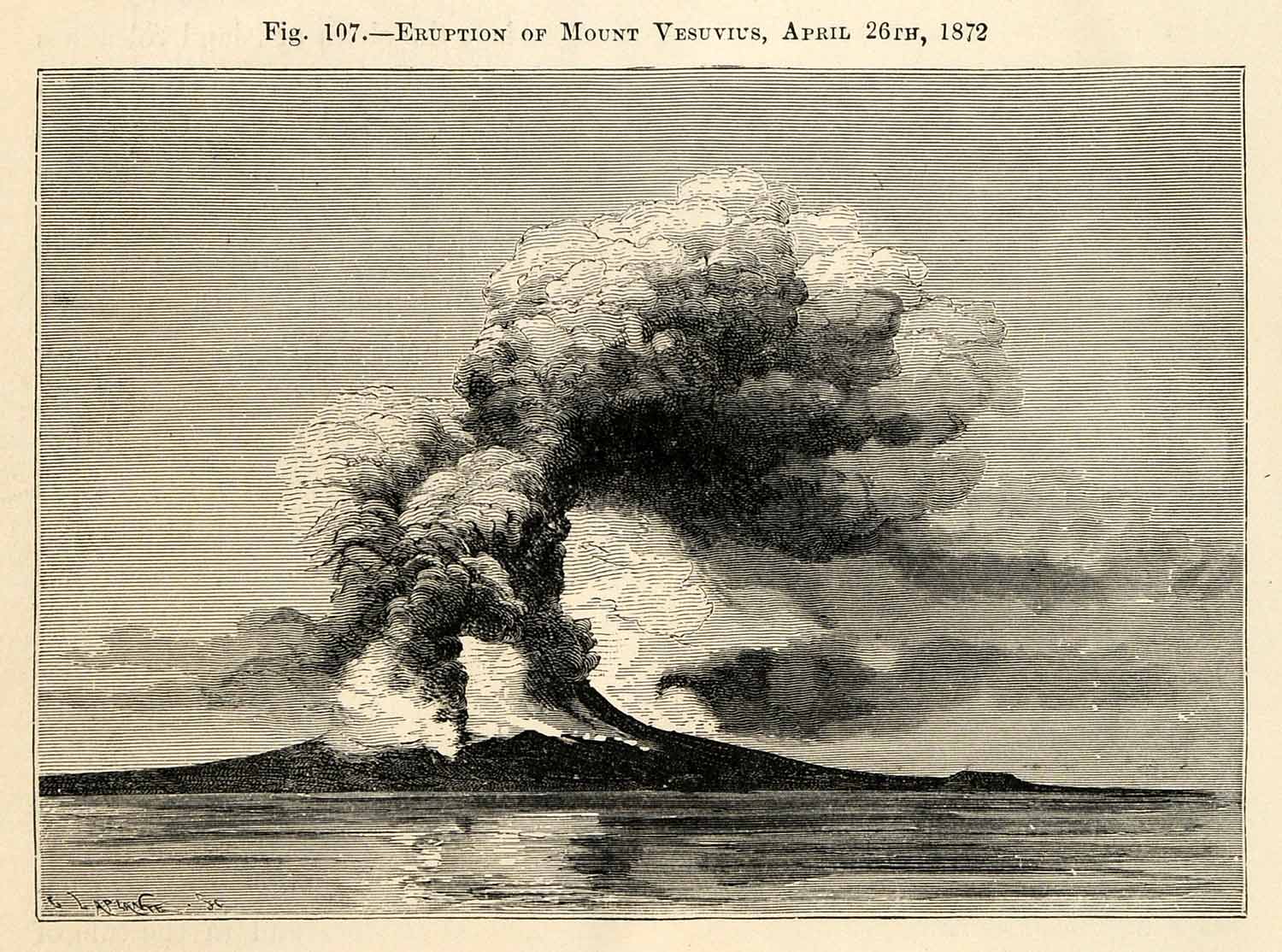 1882 Wood Engraving Eruption Mount Vesuvius Volcano Gulf Naples Italy XGS6