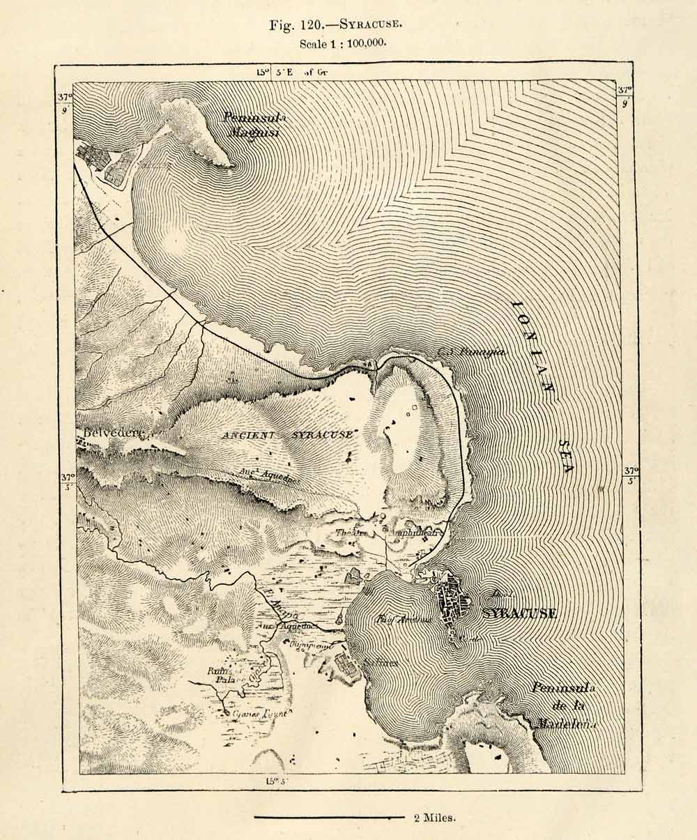 1882 Relief Line-block Map Syracuse Italy Sicily Ionian Sea Peninsula XGS6