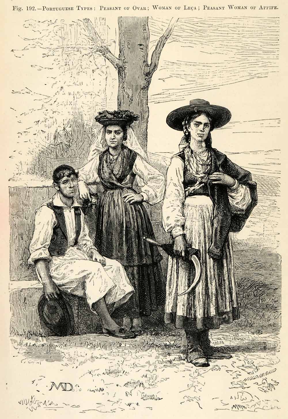 1882 Wood Engraving Peasants Ovar Leca de Palmeira Affife Portugal Costume XGS6
