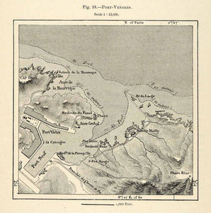 1882 Relief Line-block Map Port Vendres Port Vieux Port Neuf Phare Bear Cap XGS6