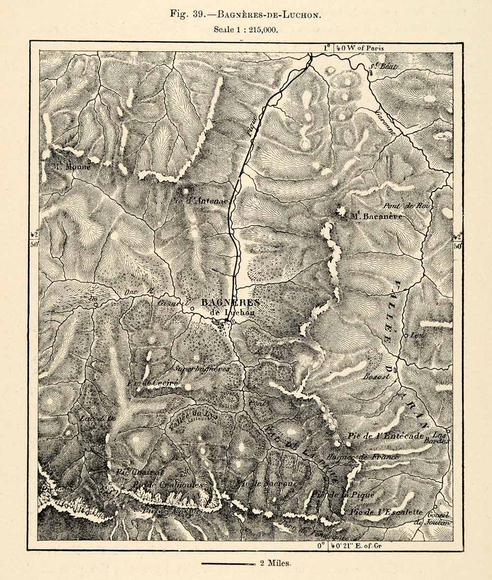 1882 Relief Line-block Map Bagneres de Luchon Bagneres Vallee d'Aran Monne XGS6