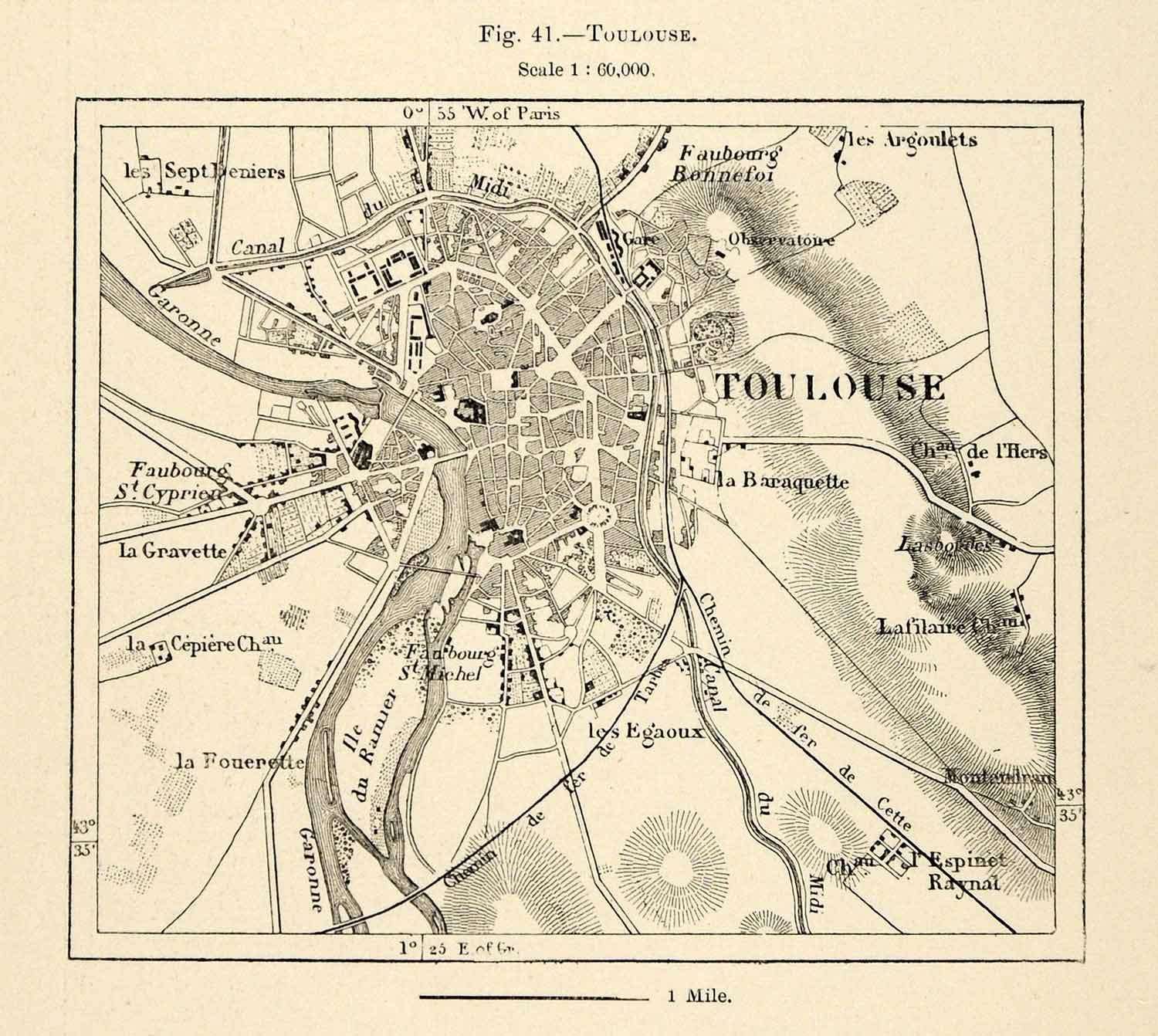 1882 Relief Line-block Map Toulouse France Faubourg Bonnefoi Fouerette XGS6
