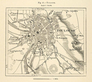 1882 Relief Line-block Map Toulouse France Faubourg Bonnefoi Fouerette XGS6