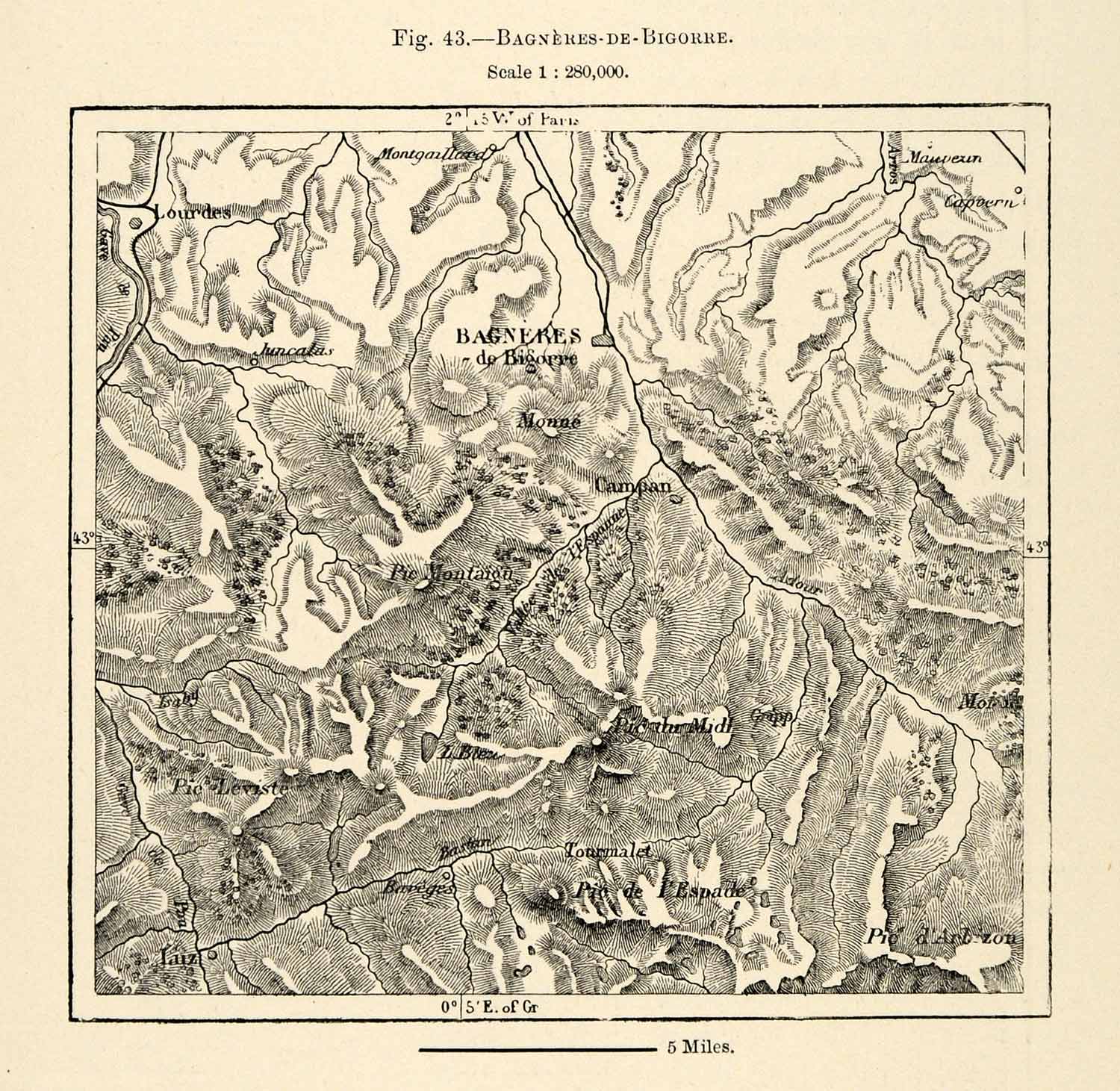 1882 Relief Line-block Map France Bagneres de Bigorre Bagneres Pic de XGS6