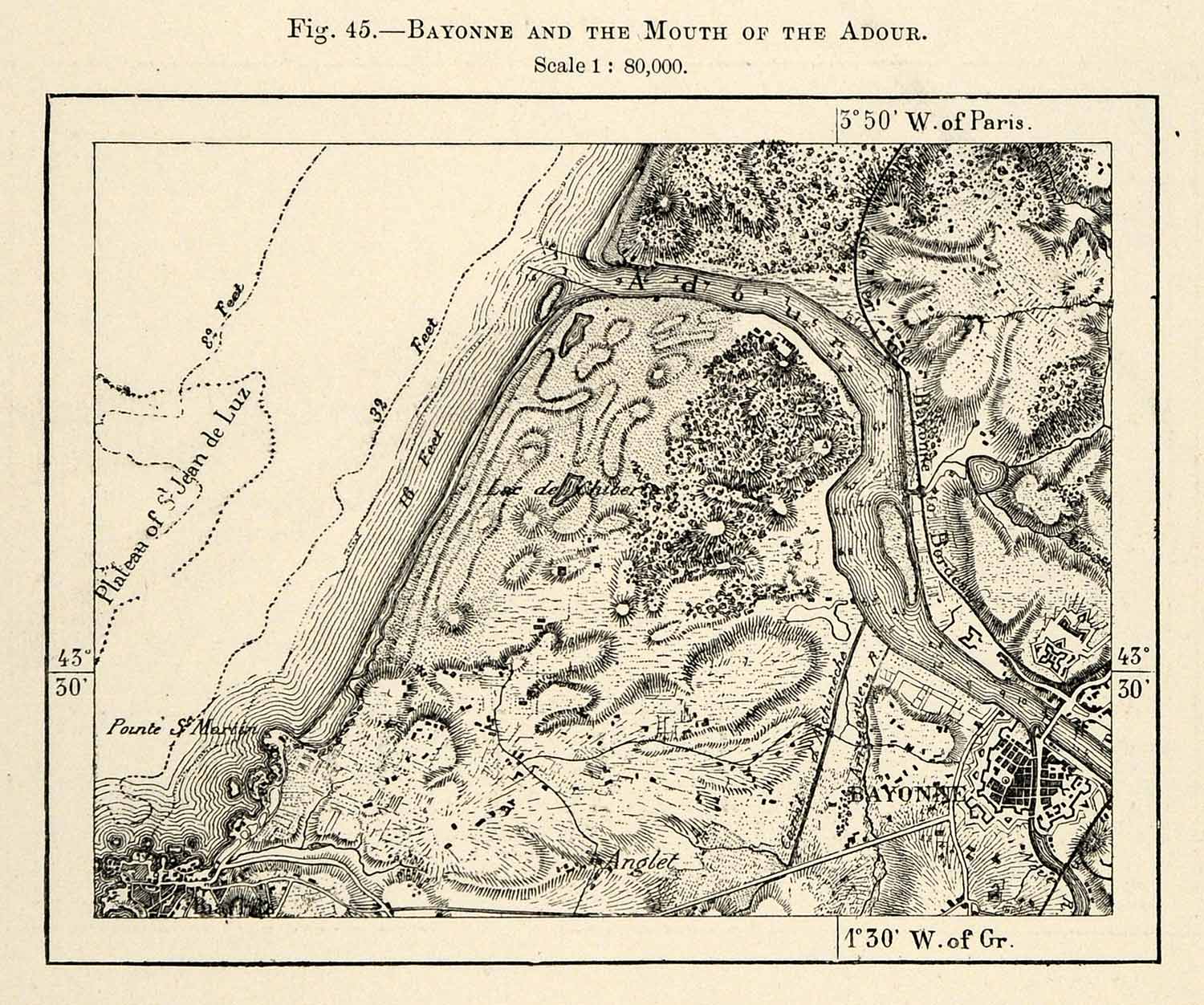 1882 Relief Line-block Map Bayonne Adour France Plateau Jean de Luz Anglet XGS6