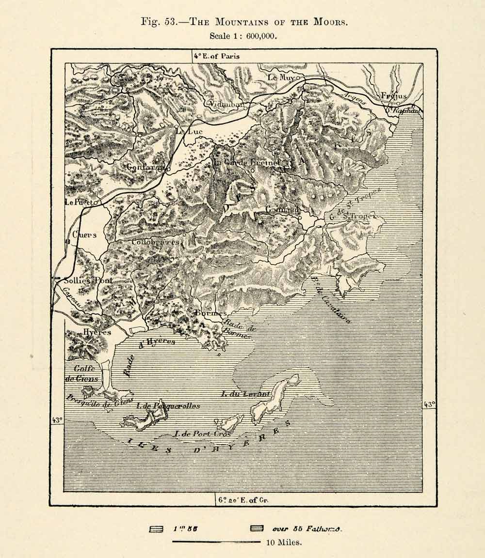 1882 Relief Line-block Map Mountains Moors Scotland Rade De Hyeres Bormes XGS6