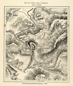 1882 Relief Line-block Map Pont D'arc Arleche River Mountains Map France XGS6