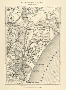 1882 Relief Line-block Map France Map Delta Aude Mediterranean Sea River XGS6