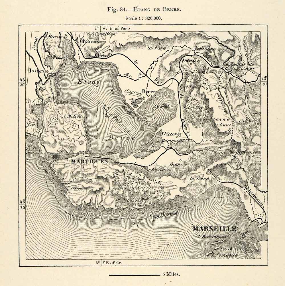 1882 Relief Line-block Map Lagoon Etang de Berre France Map Topographic XGS6