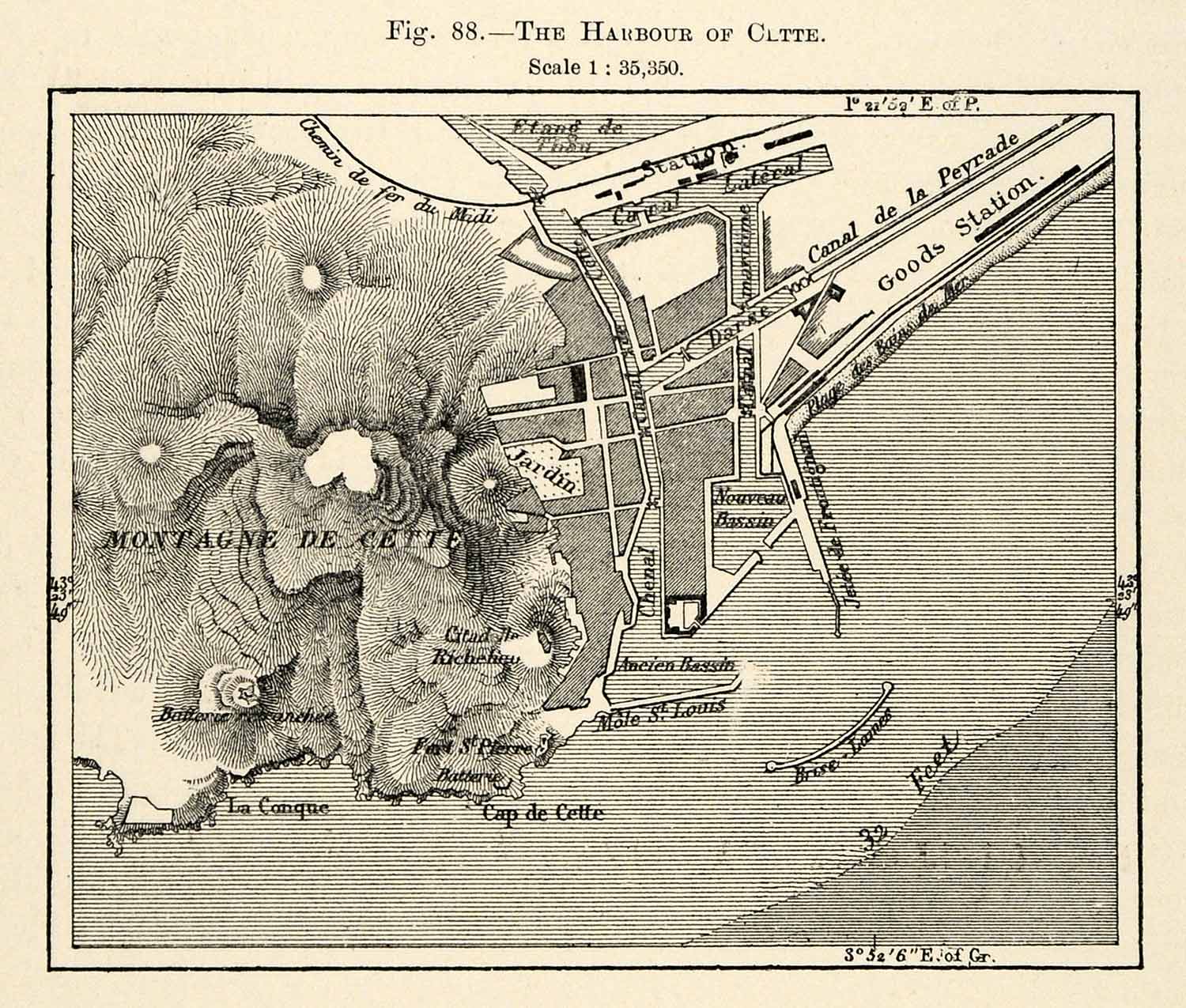 1882 Relief Line-block Map Harbor Cette France Map Montagne Canal de la XGS6