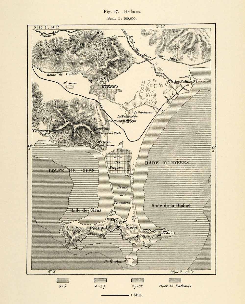 1882 Relief Line-block Map Hyeres Map France Rade Ciens Golfe de Giens XGS6
