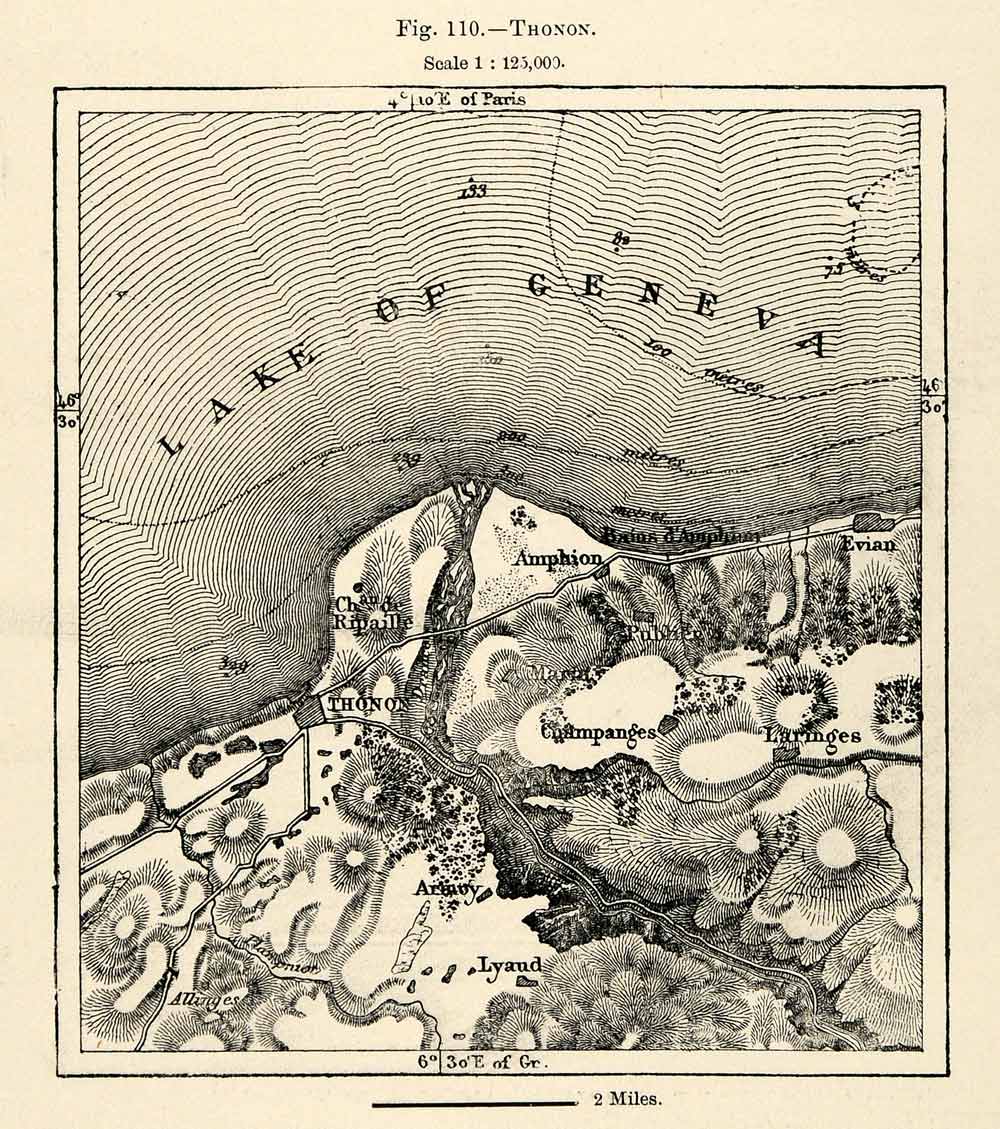 1882 Relief Line-block Map Thonon France Lake Geneva Map Champanges Evian XGS6