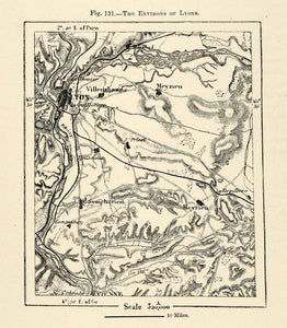 1882 Relief Line-block Map Environs Lyons France Map Meyzieu Heyrieu Rhone XGS6