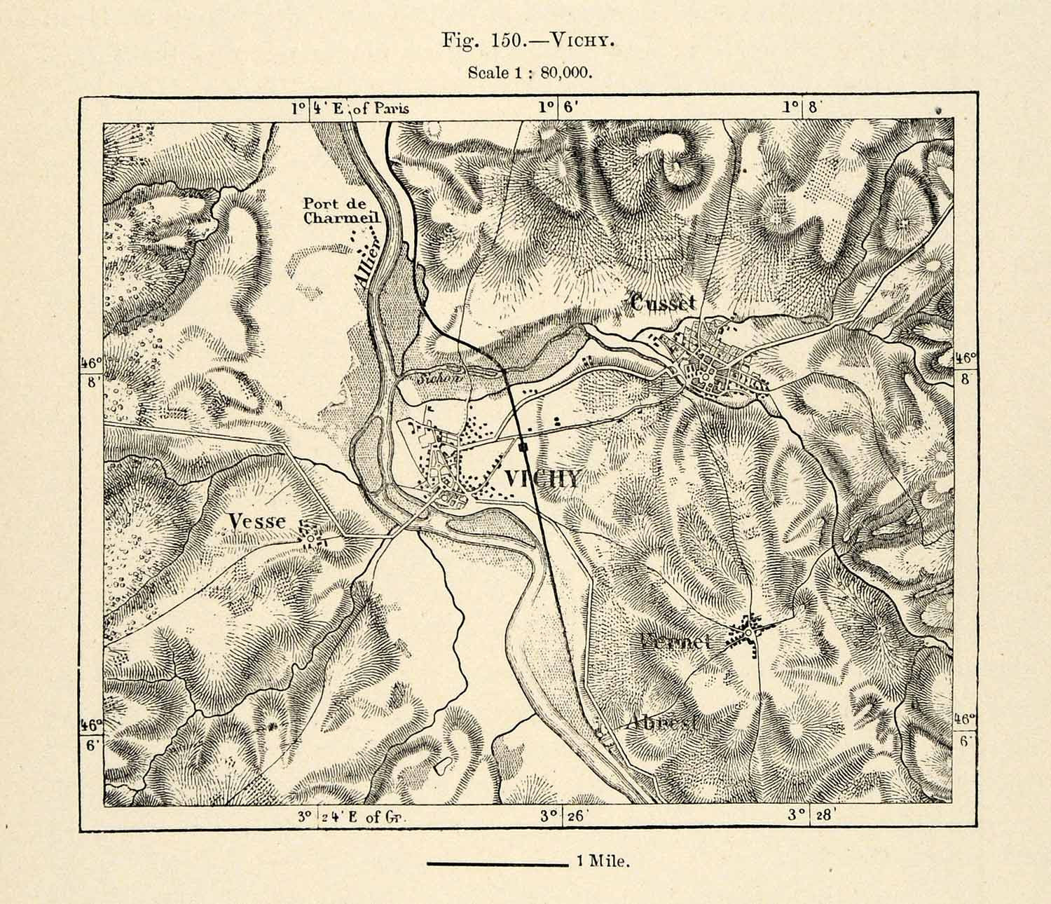 1882 Relief Line-block Map Vichy France Vesse Map Cusset Abrest Port XGS6