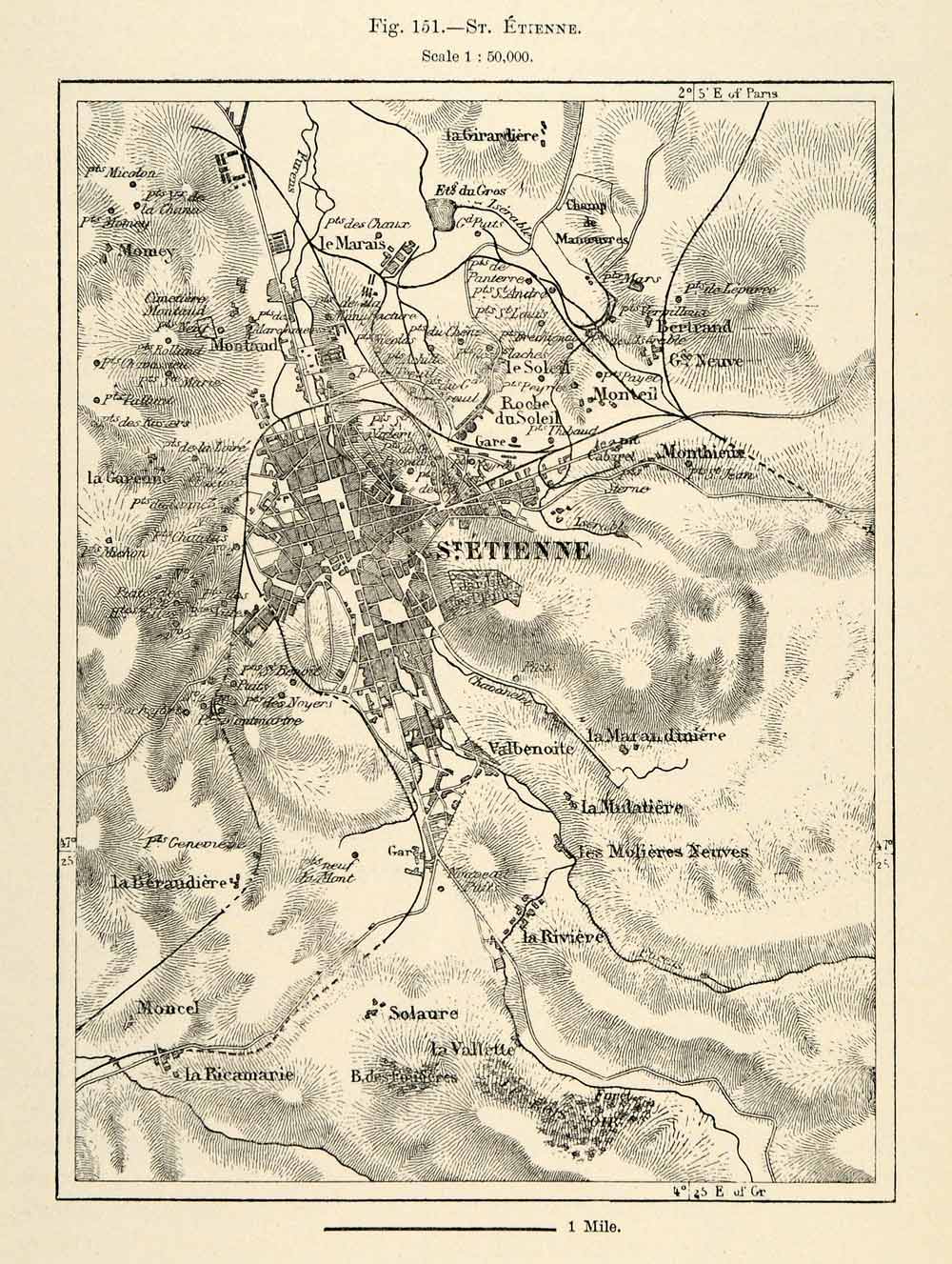 1882 Relief Line-block Map St Etienne France French Monteil Bertrand Marais XGS6