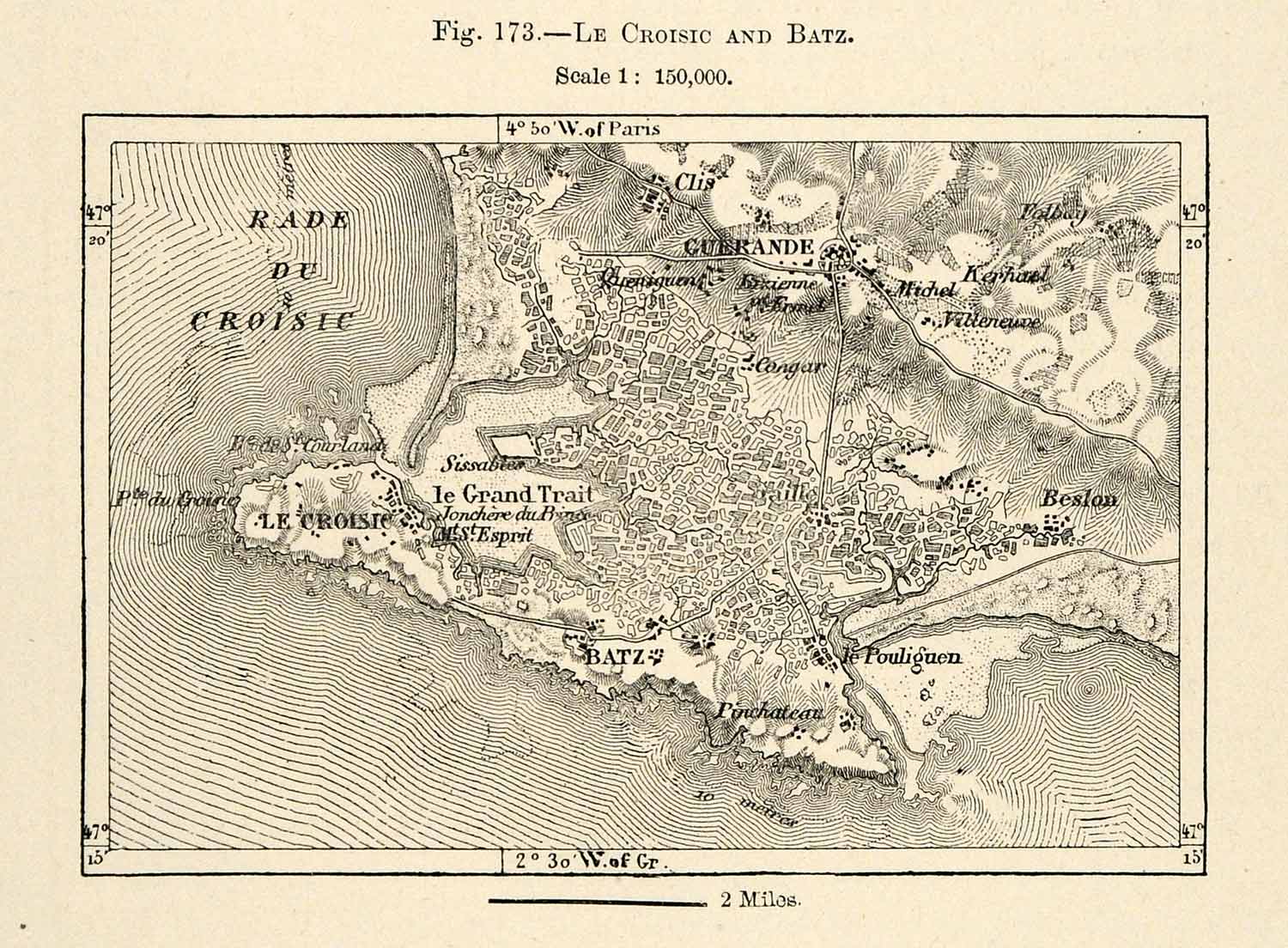1882 Relief Line-block Map Le Croisic Batz France Guerande Map Pouliguen XGS6