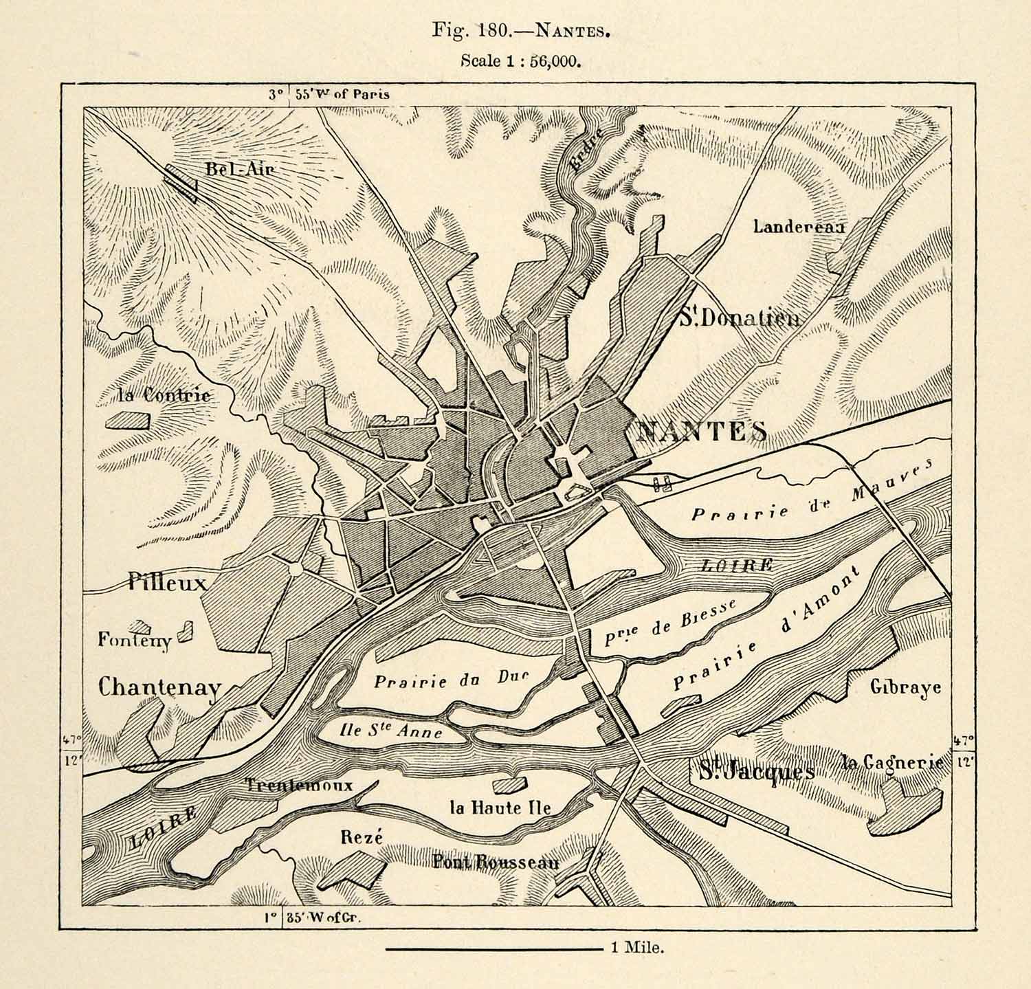 1882 Relief Line-block Map Nantes France Jacques Haute Ile Reze Pilleux Map XGS6