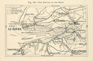 1882 Relief Line-block Map Estuary Seine River France Havre Pont Audemer XGS6