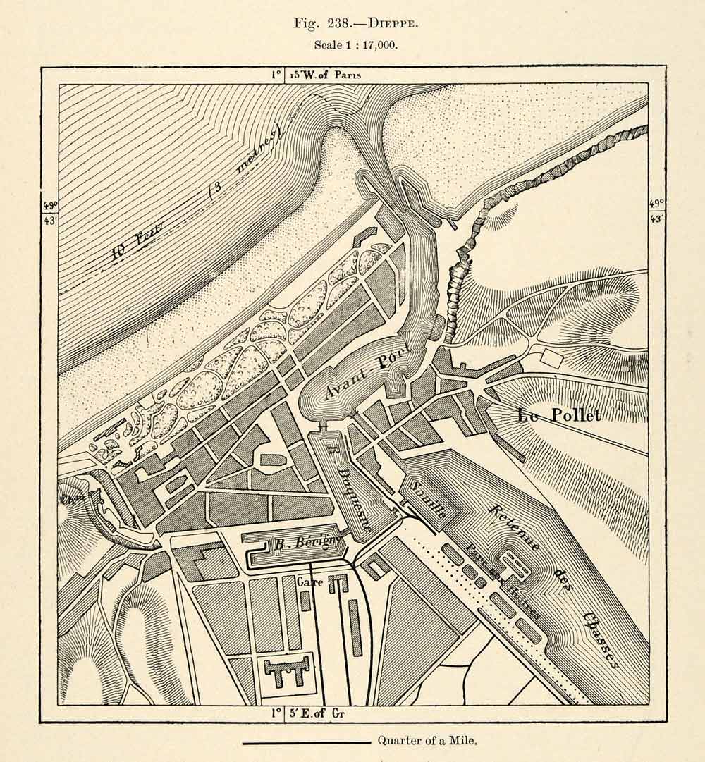 1882 Relief Line-block Map Dieppe France Pollet Avant-Port Berigny Map XGS6