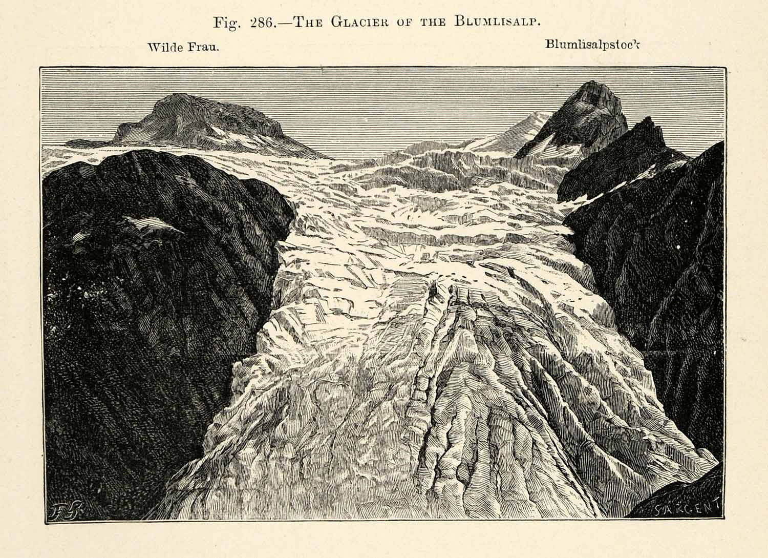 1882 Wood Engraving Glacier Blumlisalp Wilde Frau Blumlisalpstock Massif XGS6
