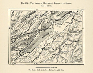 1882 Relief Line-block Map Lake Neuchatel Bienne Morat Switzerland Water XGS6